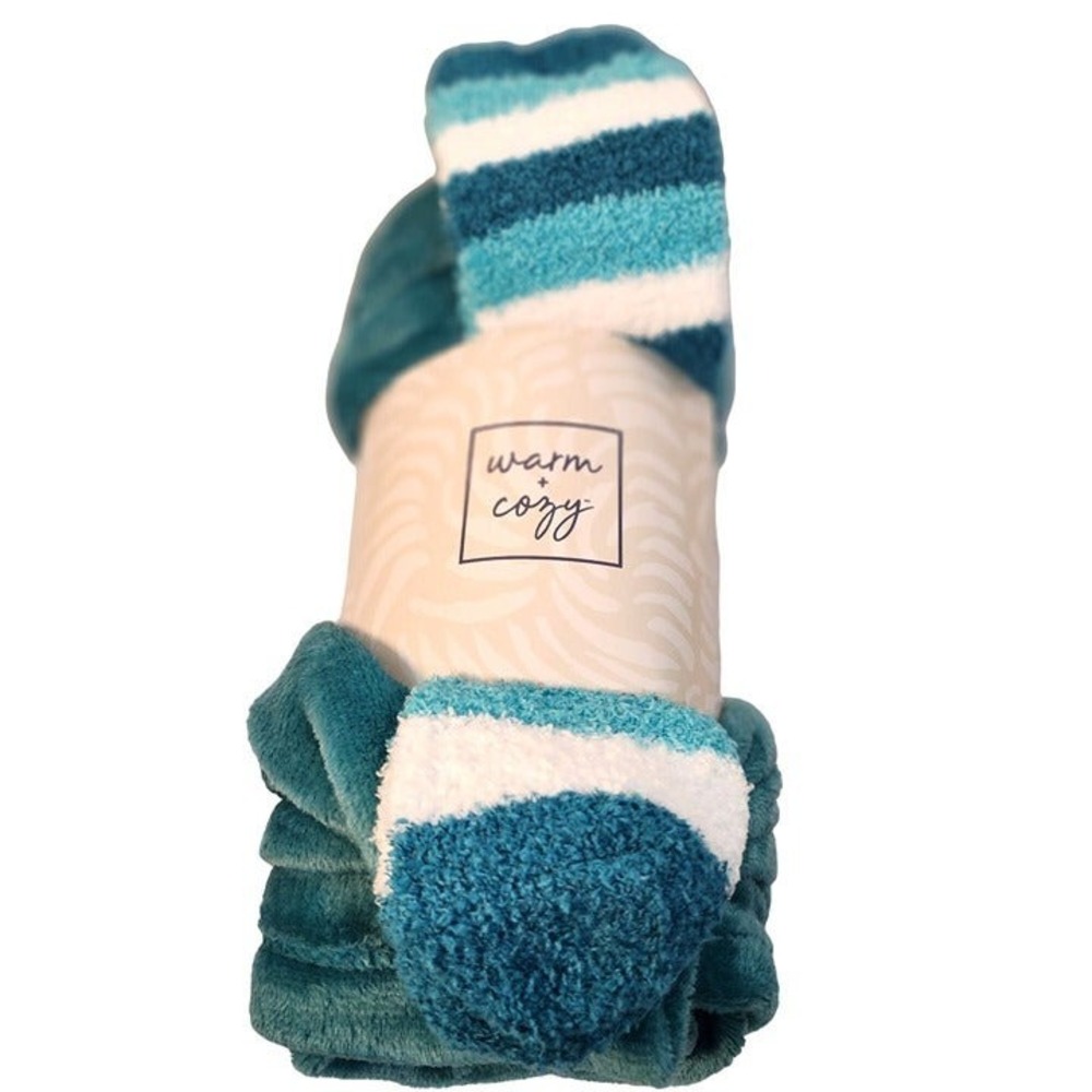 Warm + Cozy Teal Throw Blanket & Striped Socks 2-Piece Gift Set